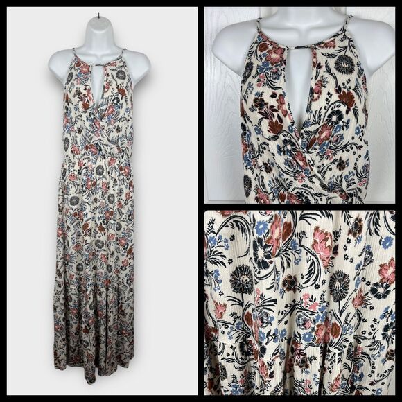 Ivory Floral Print Halter Open Back Maxi Dress American Eagle Medium Boho - Picture 1 of 10
